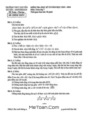 Đề thi học kỳ 2 Toán 7 năm 2023 - 2024 trường THPT Chuyên Hà Nội - Amsterdam