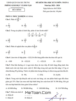 Đề thi học kỳ 2 Toán lớp 6 năm 2023 - 2024 phòng GD&ĐT Hai Bà Trưng - Hà Nội