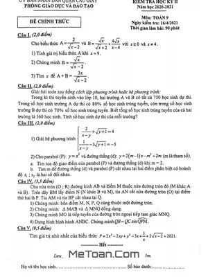 Đề thi học kỳ 2 Toán 9 năm 2020 - 2021 phòng GD&ĐT Cầu Giấy - Hà Nội