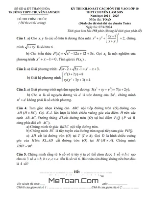 Đề khảo sát Toán (chuyên) vào lớp 10 năm 2024 - 2025 trường chuyên Lam Sơn - Thanh Hóa