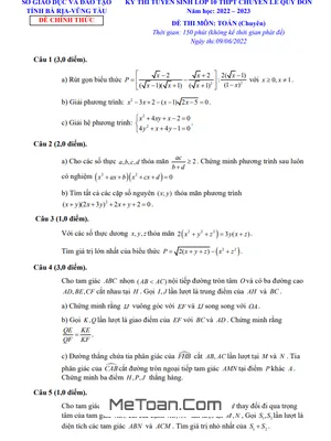 Đề thi tuyển sinh lớp 10 Toán (chuyên) năm 2022 - 2023 trường chuyên Lê Quý Đôn - BRVT