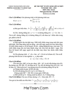 Đề thi thử Toán vào lớp 10 năm 2021 - 2022 phòng GD&ĐT Chí Linh - Hải Dương
