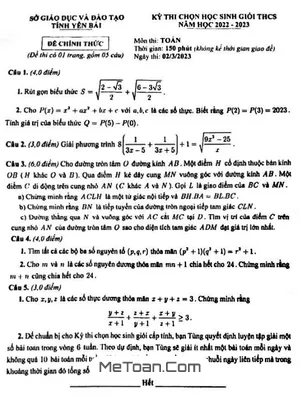 Đề thi HSG Toán THCS năm 2022-2023 Sở GD&ĐT Yên Bái