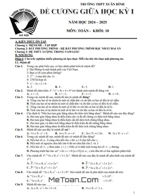 Đề Cương Ôn Tập Giữa Kì 1 Toán 10 Năm 2024 - 2025 Trường THPT Xuân Đỉnh - Hà Nội