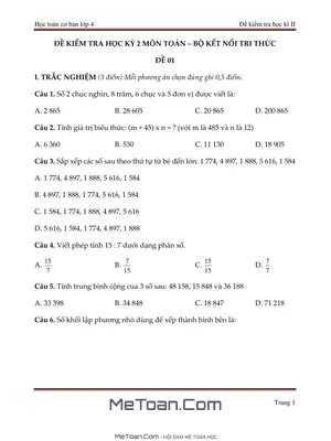 Bộ 5 Đề Thi Cuối Học Kì 2 Môn Toán Lớp 4 (Kết Nối Tri Thức)