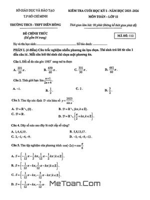 Đề Cuối Kỳ 1 Toán 11 Năm Học 2025 – 2026 Trường THCS-THPT Diên Hồng – TP HCM