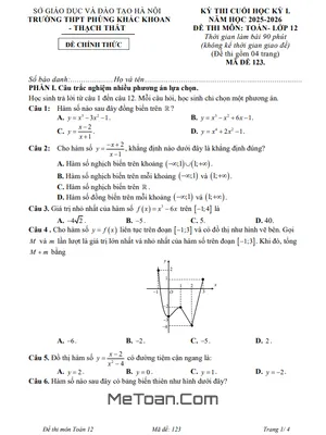 Đề thi cuối kỳ 1 Toán 12 năm 2025 – 2026 trường THPT Phùng Khắc Khoan – Hà Nội