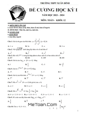 Đề Cương Ôn Tập Học Kỳ 1 Toán 12 Năm 2023 - 2024 Trường THPT Xuân Đỉnh - Hà Nội