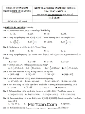Đề Thi Cuối Kỳ 1 Toán 10 Năm 2022 - 2023 Trường THPT Hùng Vương - Quảng Nam