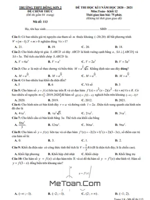 Đề thi HK1 Toán 12 năm 2020 - 2021 trường THPT Đông Sơn 2 - Thanh Hóa