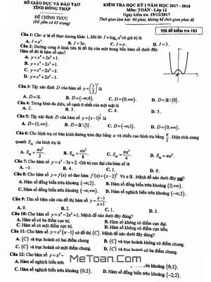 Đề thi học kỳ 1 Toán lớp 12 năm 2017 - 2018 có đáp án - Sở GD&ĐT Đồng Tháp