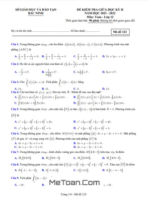 Đề thi giữa kì 2 Toán 12 năm 2021 - 2022 sở GD&ĐT Bắc Ninh
