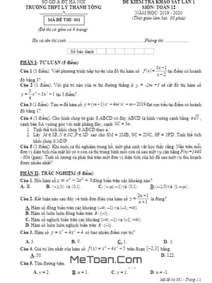 Đề khảo sát Toán 12 lần 1 năm 2019 - 2020 trường THPT Lý Thánh Tông - Hà Nội