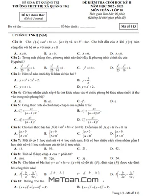 Đề thi Cuối Kỳ 2 Toán 10 năm 2022 - 2023 trường THPT Thị xã Quảng Trị (Có Lời Giải)