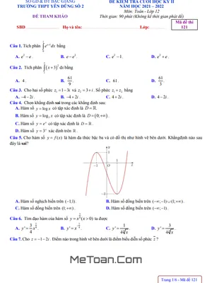 Đề Tham Khảo Cuối Kỳ 2 Toán 12 Năm 2021 - 2022 Trường Yên Dũng 2 - Bắc Giang