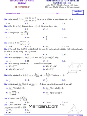 Đề Thi Giữa Học Kỳ 2 Môn Toán 11 Trường THPT Tuy Phong - Bình Thuận Năm 2022 - 2023