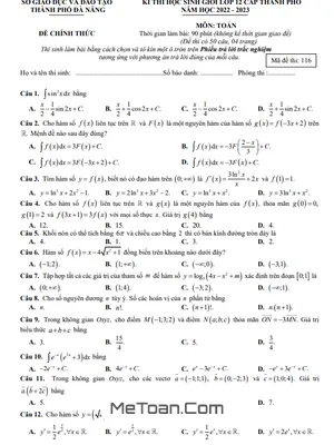 Đề thi học sinh giỏi Toán 12 năm 2022 - 2023 Sở GD&ĐT Đà Nẵng