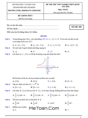 Đề Thi Thử THPT 2023 Môn Toán Trường PTDL Hermann Gmeiner - TP HCM