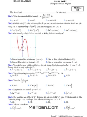 Đề thi thử Toán THPTQG 2019 trường THPT Hoàng Hoa Thám – Hưng Yên