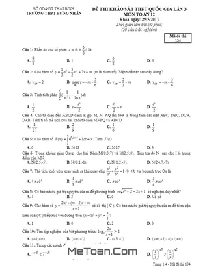 Đề Thi Thử THPT Quốc Gia 2017 Môn Toán Trường THPT Hưng Nhân – Thái Bình Lần 3