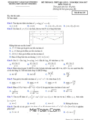Trọn Bộ Đề Thi Thử THPT Quốc Gia 2017 Môn Toán Trường Chuyên Vĩnh Phúc Lần 3
