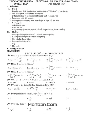 Đề Cương Ôn Tập Học Kỳ 2 Toán 10 Năm 2019 - 2020 Trường THPT Yên Hòa - Hà Nội