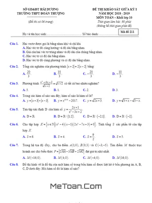 Đề KSCL cuối kỳ 1 Toán 10 năm học 2018 - 2019 trường THPT Đoàn Thượng - Hải Dương