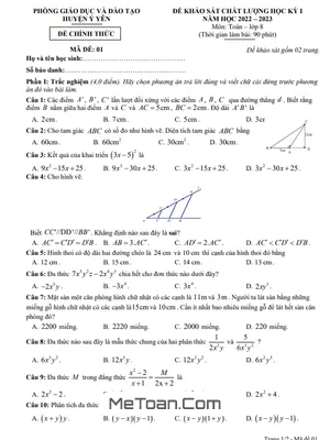 Đề thi học kỳ 1 Toán lớp 8 năm 2022 - 2023 phòng GD&ĐT Ý Yên - Nam Định