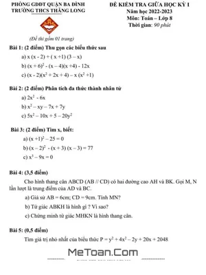 Đề thi giữa kì 1 Toán 8 năm 2022 - 2023 trường THCS Thăng Long - Hà Nội