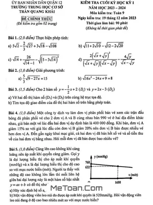 Đề thi học kỳ 1 Toán 9 năm 2023 - 2024 trường THCS Trần Quang Khải - TP HCM