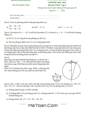 Đề thi giữa học kì 2 Toán 9 năm 2020 - 2021 trường THCS Hoa Lư - TP HCM