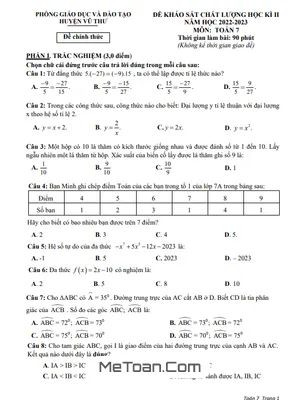 Đề Thi Học Kì 2 Toán 7 Năm 2022 - 2023 Phòng GD&ĐT Vũ Thư - Thái Bình