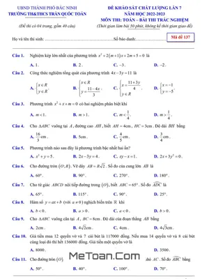 Đề khảo sát Toán 9 lần 7 năm 2022 - 2023 trường Trần Quốc Toản - Bắc Ninh