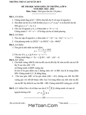 Đề thi HSG Toán 8 năm 2022 - 2023 trường THCS Cao Xuân Huy - Nghệ An