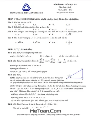 Đề giữa kì 1 Toán 9 năm 2022 - 2023 trường Lương Thế Vinh - Hà Nội