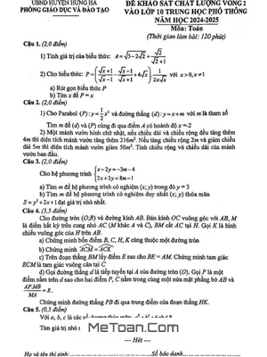 Đề KSCL Toán vào lớp 10 vòng 2 năm 2024 - 2025 phòng GD&ĐT Hưng Hà - Thái Bình