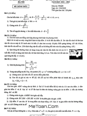 Đề thi tuyển sinh lớp 10 THPT môn Toán năm 2022 - 2023 Sở GD&ĐT Hà Nội