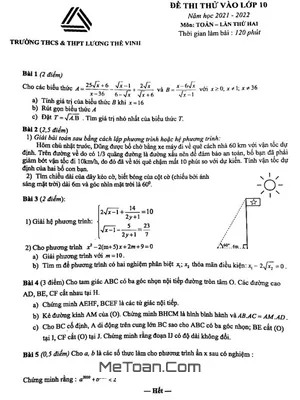 Đề thi thử Toán vào lớp 10 Lương Thế Vinh Hà Nội năm 2021 - 2022