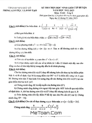 Đề thi học sinh giỏi huyện Toán 9 năm 2022 - 2023 phòng GD&ĐT Quế Võ - Bắc Ninh