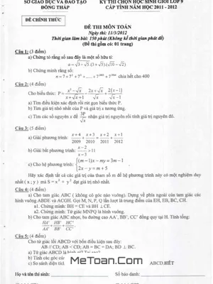 Đề thi HSG Toán 9 cấp tỉnh năm 2011 - 2012 - Sở GD&ĐT Đồng Tháp