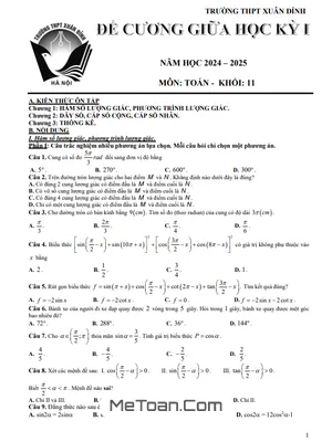 Đề cương ôn tập giữa kỳ 1 Toán 11 năm 2024 - 2025 trường THPT Xuân Đỉnh - Hà Nội