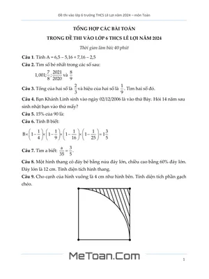 Đề Thi Tuyển Sinh Vào Lớp 6 Trường THCS Cầu Lê Lợi 2024 Môn Toán