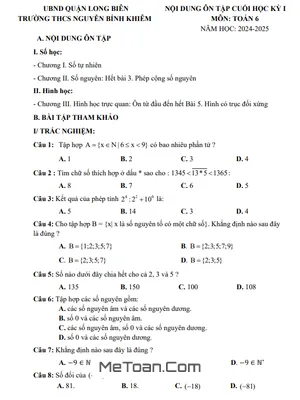 Đề Cương Ôn Tập Cuối Kì 1 Toán 6 Năm 2024 - 2025 Trường THCS Nguyễn Bỉnh Khiêm - Hà Nội