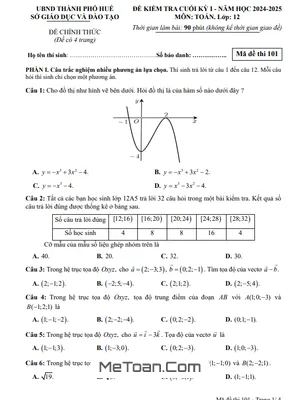 Đề kiểm tra cuối kỳ 1 Toán 12 năm 2024 - 2025 sở GD&ĐT TP Huế