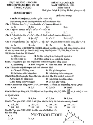 Đề thi cuối kì 1 Toán 8 năm 2025 – 2026 trường THCS Trưng Vương – Đà Nẵng