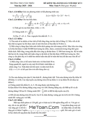 Đề thi cuối học kỳ 1 Toán 9 năm học 2025 - 2026 trường THCS Tân Triều - Hà Nội