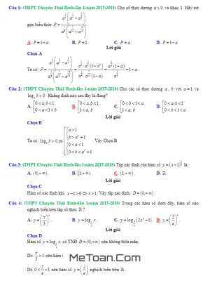 Trắc nghiệm Lũy Thừa, Mũ và Logarit trong Đề Thi Thử Toán 2018