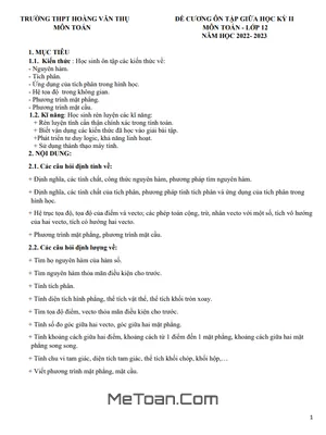 Đề Cương Ôn Tập Giữa Kỳ 2 Môn Toán Lớp 12 Năm 2022 - 2023 Trường THPT Hoàng Văn Thụ - Hà Nội