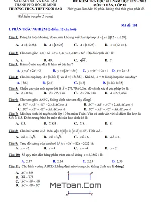 Đề thi học kì 1 Toán 10 năm 2022 - 2023 trường THCS&THPT Ngôi Sao - TP HCM
