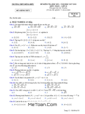 Đề thi học kỳ 1 Toán 10 năm 2017-2018 trường THPT Đông Hiếu - Nghệ An (có đáp án)
